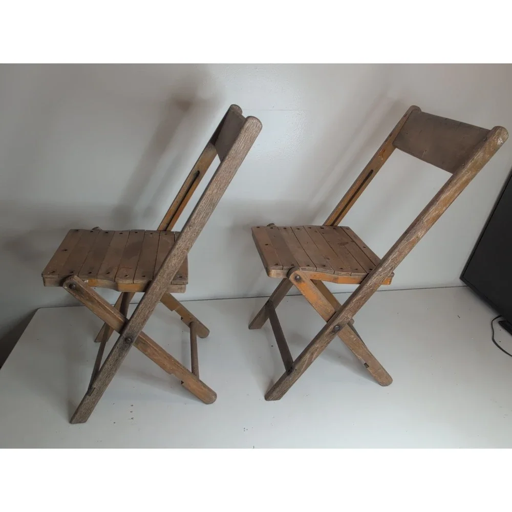 Lot Of 2 Antique Vintage Slat Wood Folding Chairs Snyder Chair Co. USA